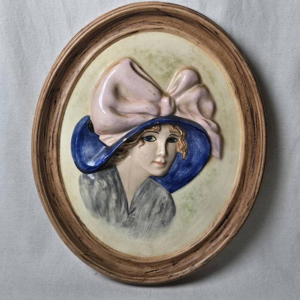 2 Vintage 1975 Art Duncan Round Wall Molds Hand Painted Lady Dog Ceramics Signed